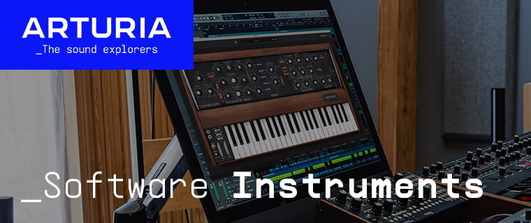 Arturia - Software Instruments.  Image of synthesizers and keyboards.