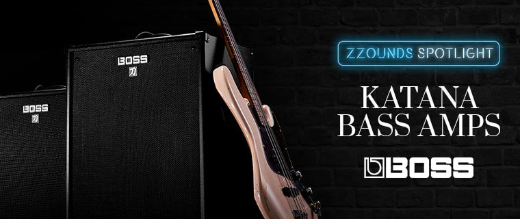 zZounds Spotlight - Boss Katana Bass Amps.  Bass guitar leaning against amp.