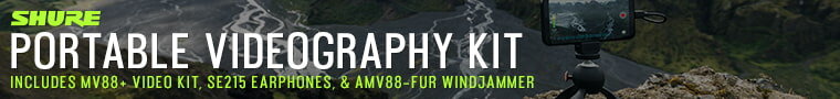Shure portable videography kit.  Includes MV88, video kit, SE288 earphones, and AMV88 fur windjammer